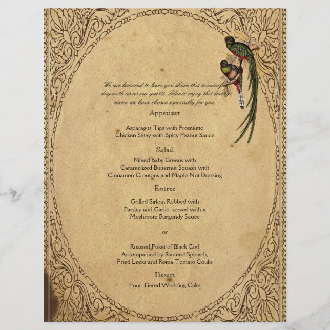 Vintage Quetzal Bird Elegant Wedding Menu (Frente)
