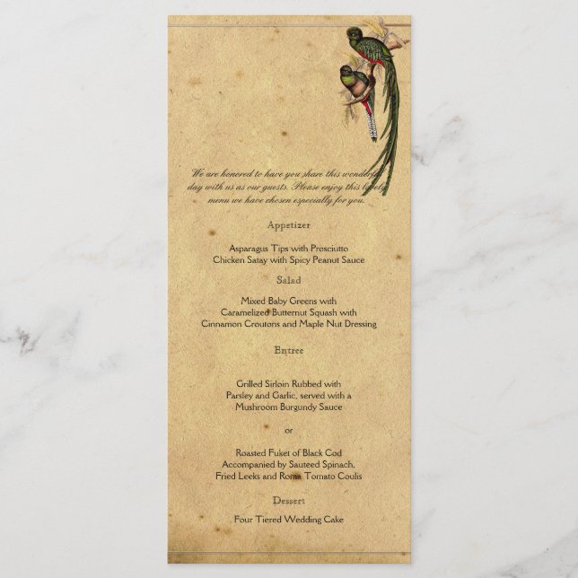Vintage Quetzal Bird Elegant Wedding Menu (Frente)