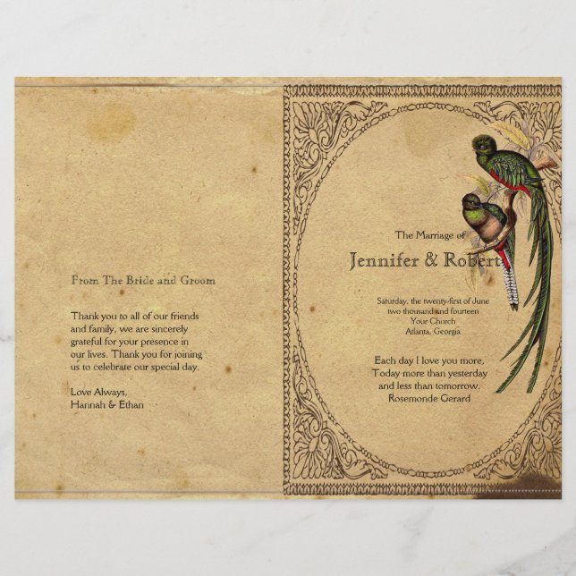 Vintage Quetzal Bird Elegant Wedding Program (Frente)