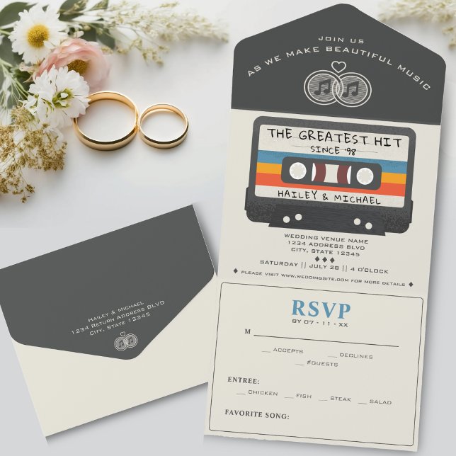 Vintage Retro Cassette Tape Maior Casamento (Vintage Retro Cassette Tape Greatest Hit Wedding All In One Invitation)
