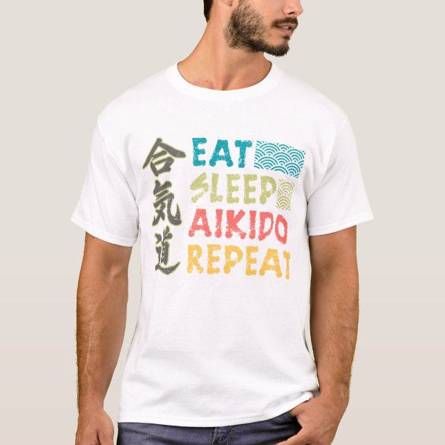 Vintage Retro Comer Sono Aikido Repetir T-Shirt (Frente)