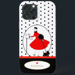 Vintage Retro Lady Scottie Dog<br><div class="desc">Possui um design retrô vintage de uma na moda e seu cachorro Scottie. Feito em vermelho e preto clássico,  acentuado com bolinhas pretas sobre fundo branco e personalizado com seu nome em texto dourado. Faz um presente de excelente para aniversário,  graduação,  feriados,  Natal e muito mais!</div>