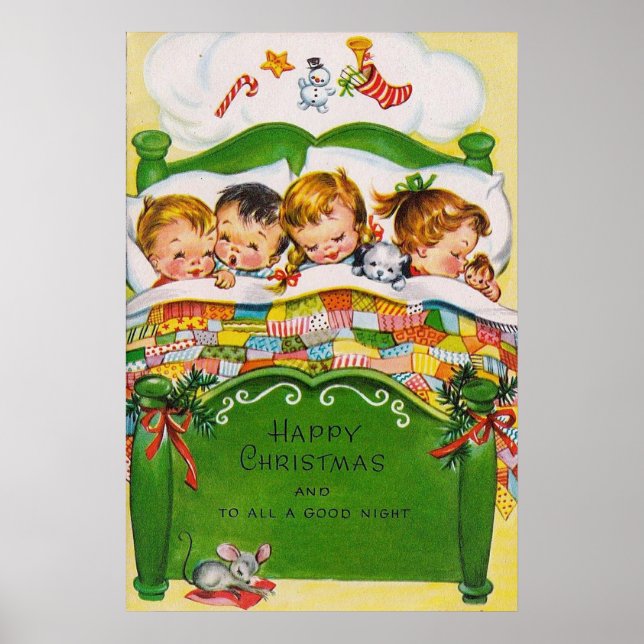 Vintage retro Natal crianças dormindo poster (Frente)