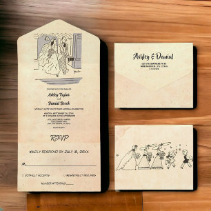 Vintage Retro Old Bride Groom Comic Rustic Wedding