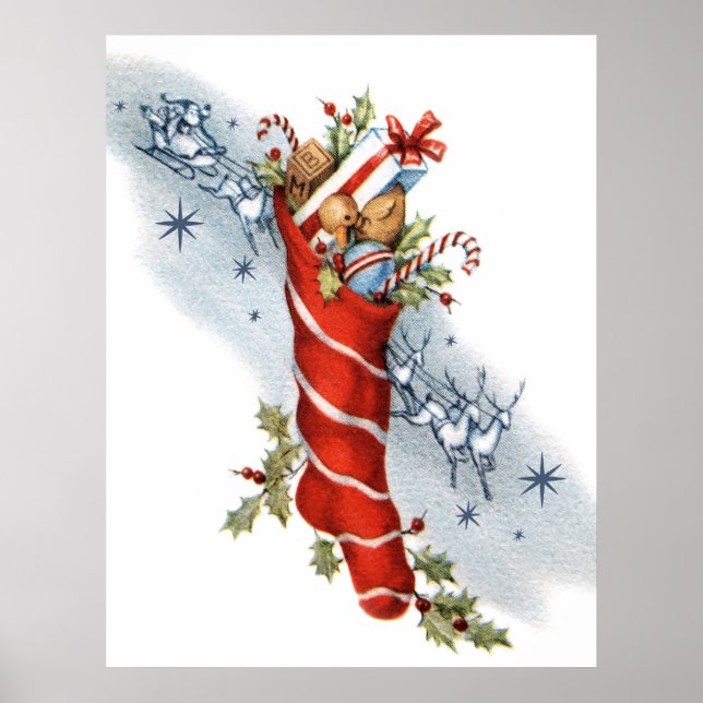 Vintage retro Papai noel de natal estocando poster (Frente)