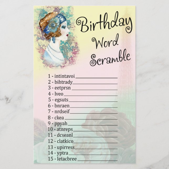 Vintage Retro Woman Birthday Word Scramble Game (Frente)