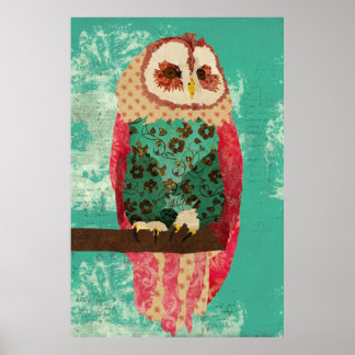 Vintage Rosa Owl Turquoise Art Poster
