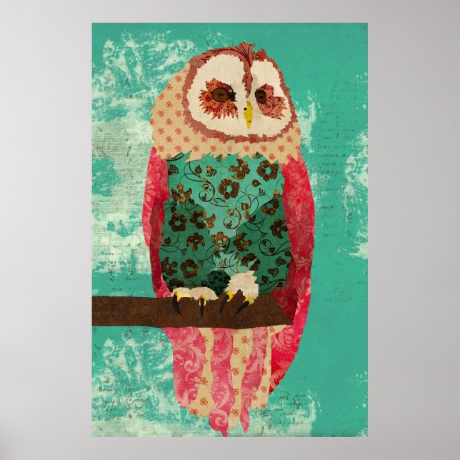 Vintage Rosa Owl Turquoise Art Poster (Frente)
