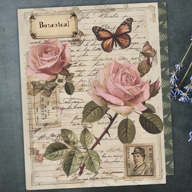 Vintage Rosas Botânicas Rosa e Borboleta Ephemera (Criador carregado)