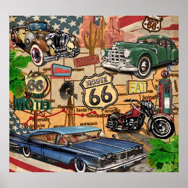 Vintage Route 66, poster nostálgico. (Frente)