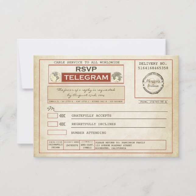 vintage RSVP WEDDING telegramas (Frente)