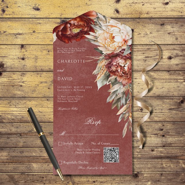 Vintage Rust & Cream Peonies Floral Código QR (Also available without a QR code; with or without dinner selection options.)