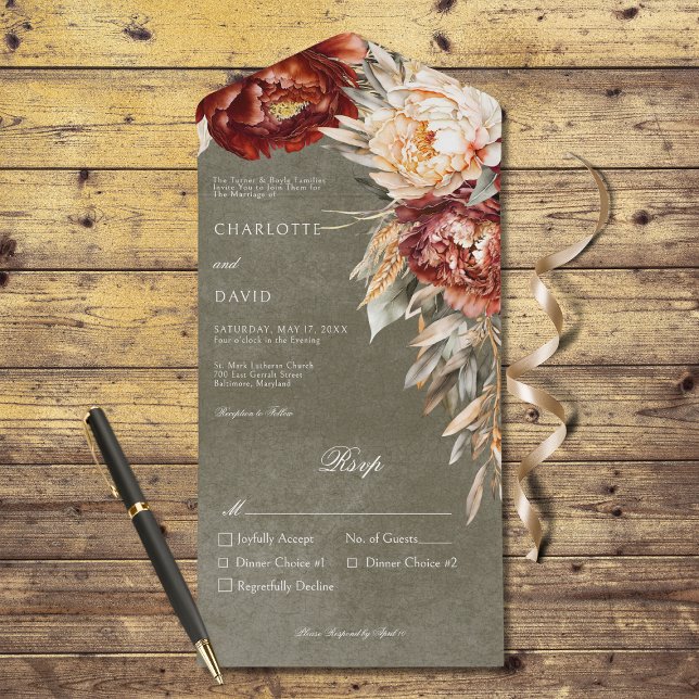Vintage Rust & Cream Peonies Janto Floral Sage (Also available with a QR code or without dinner selection options.)