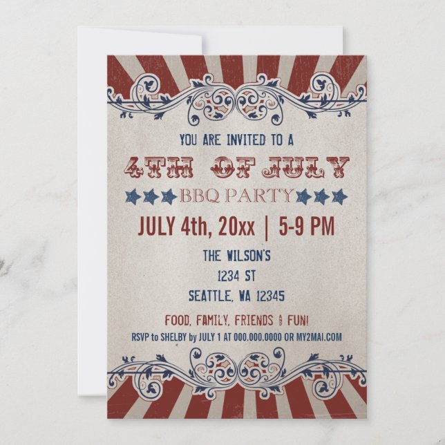 Vintage Rustic 4° de julho Convites de festas de C (Frente)