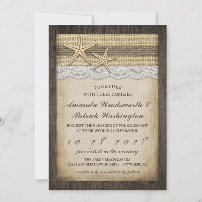 Vintage Rustic Starfish Convites De Casamento De P (Frente)