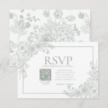 Vintage Sage Green Floral Line Art QR Code RSVP