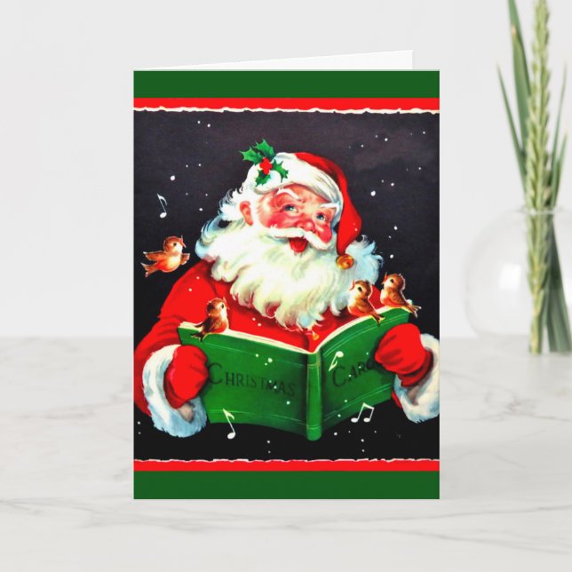 Vintage Santa Claus Cantando Cartão de Natal (Frente)