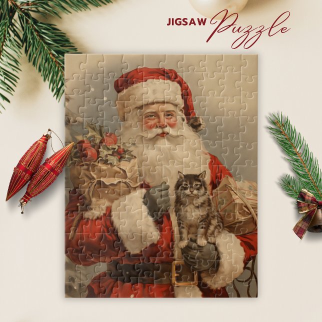 Vintage Santa Claus Cat Natal Quebra-cabeça (Vintage Santa Claus Cat Christmas Jigsaw Puzzle)
