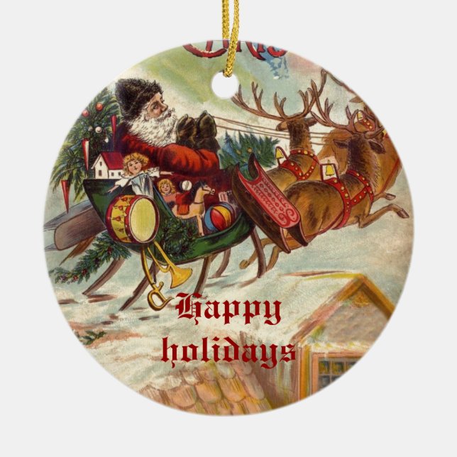 Vintage Santa Claus Reindeer Sleigh ornamentos (Frente)