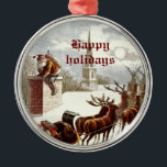 Vintage Santa Claus Reindeer Sleigh ornamentos<br><div class="desc">Vintage Santa Claus Reindeer Sleigh,  apresenta um Papai Noel tentando entrar em uma casa através da chaminé e rena com seu trenó de presentes.</div>