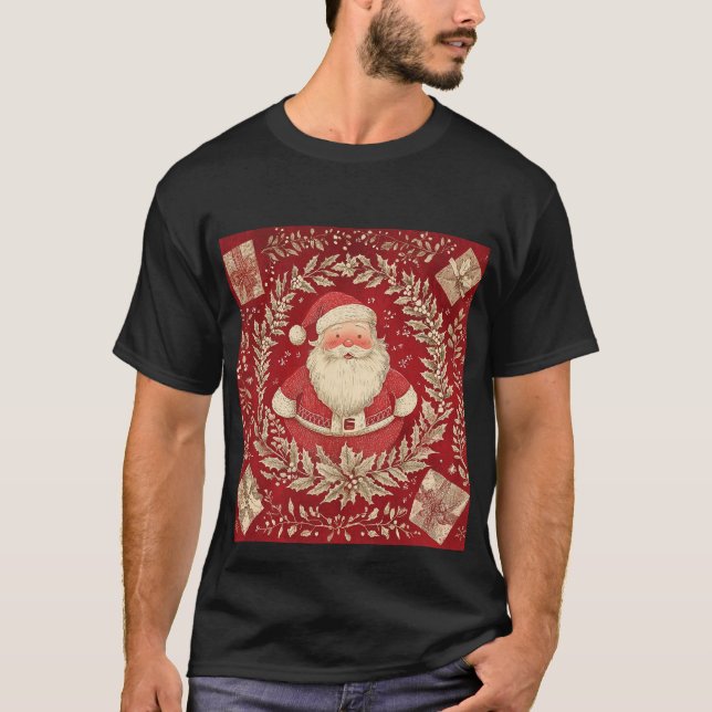 Vintage Santa Claus Wreath T-Shirt de Natal (Frente)