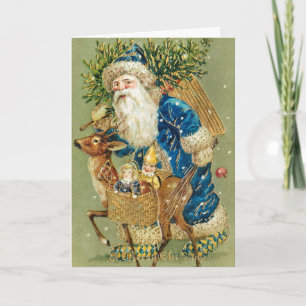 Vintage Santa Clause e Reindeer Cartão de Natal