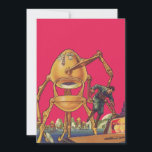 Vintage Science Ficting Alienígena Robô Captura Ho<br><div class="desc">Imagem de Vintage: aliens futuristas de ficção científica e robôs. Um clássico design de ficção científica retrógrada do futuro,  com um robô em forma de ovo segurando um homem em suas garras. Os caracteres pop num fundo rosa claro.</div>