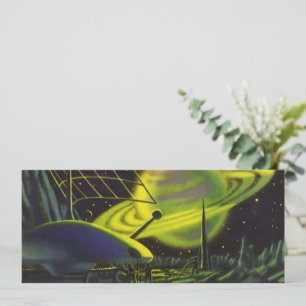 Vintage Science Fiction Neon Green Planet w Rings