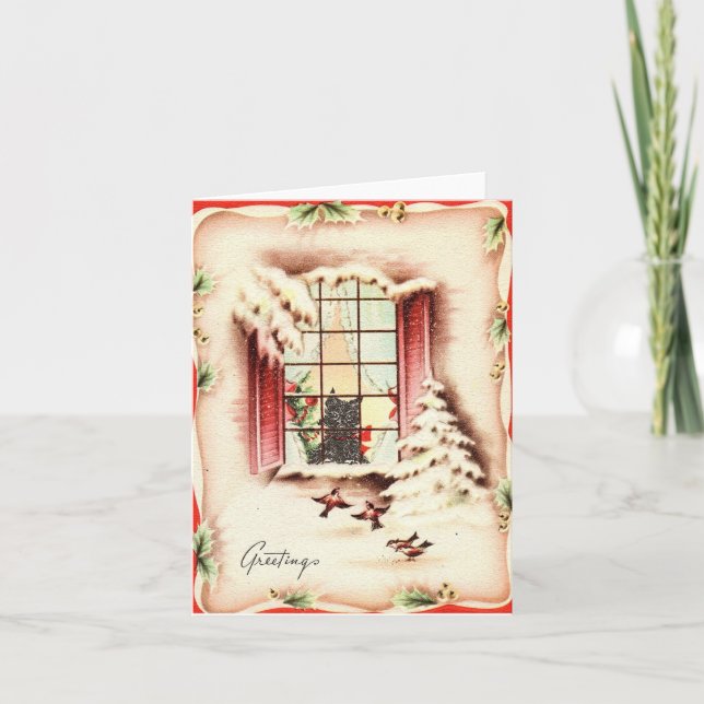 Vintage Scottie no Cartão de Natal da Janela (Frente)