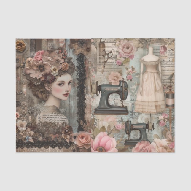 Vintage Seamstress Papel de Tecido de Decoupage do (Frente )