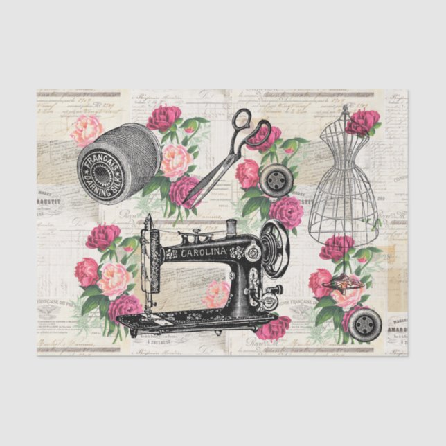 Vintage Sewing Rosa Rosas Rosa Papel Tecido Francê (Frente )