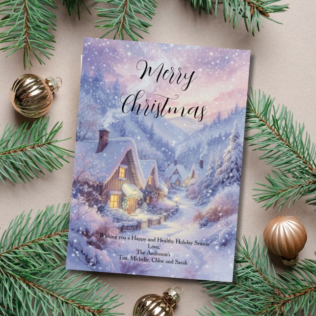 Vintage Snowy Village Cartão de Natal de Férias (Vintage Snowy Winter Village Scene Christmas Holiday greeting card. Printed or Digital Download)