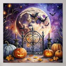 Vintage Spooky Halloween Night Bat Poster