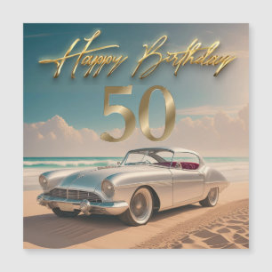 Vintage Sports car em uma praia tropical Happy 50t