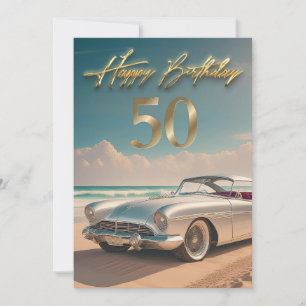 Vintage Sports car em uma praia tropical Happy 50t