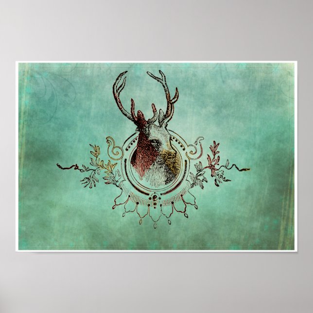 Vintage Stag Head Teal Poster (Frente)
