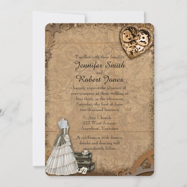 Vintage Steampunk Bride Wedde Convite (Frente)