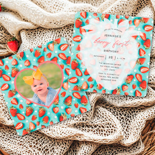 Vintage Strawberry Birthday Convite Com Foto