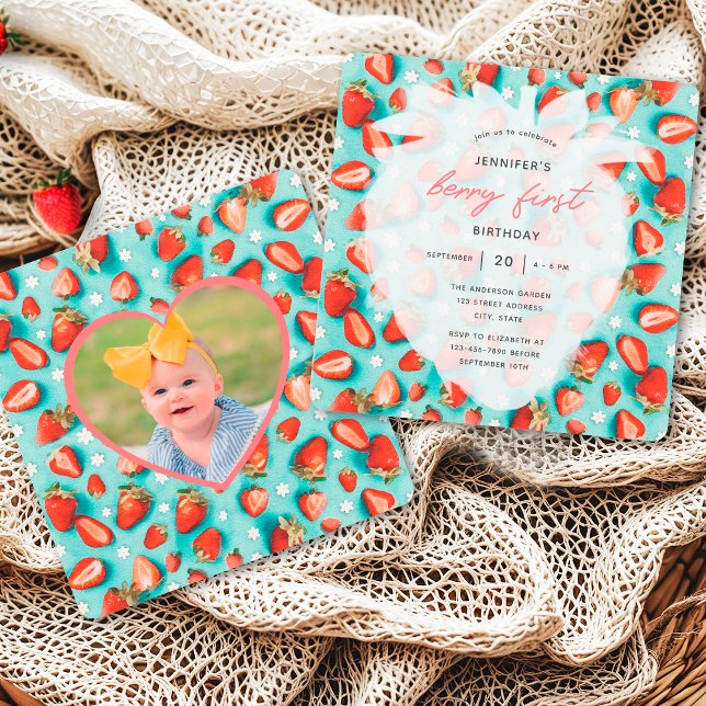 Vintage Strawberry Birthday Convite Com Foto (Criador carregado)