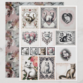 Vintage Style Black and Pink Kitten Illustrations
