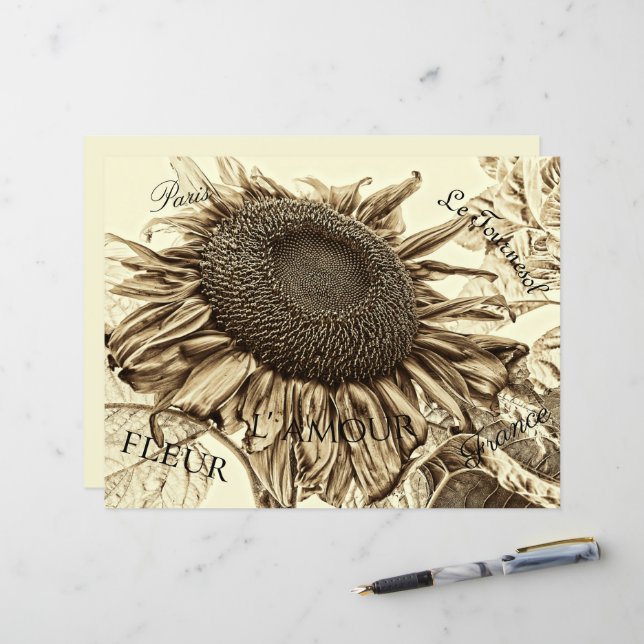 Vintage Sunflower Sepia Tone Old Script Decoupage (Frente/Verso In Situ)