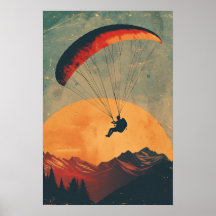 Vintage Sunset Paragliding in Mountain Poster