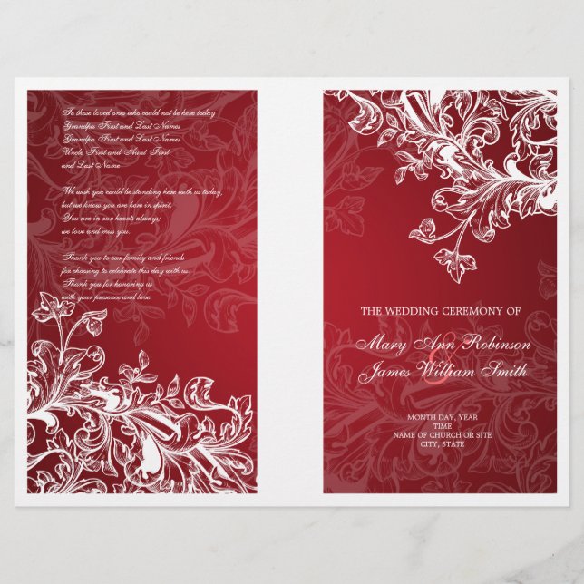 Vintage Swirls Red, programa de casamento elegante (Frente)