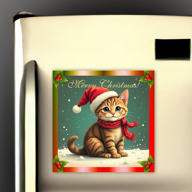 Vintage Tabby Kitten Christmas Card Magnet (Criador carregado)