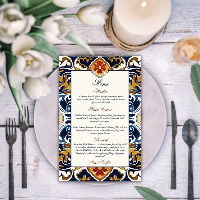 Vintage Talavera Azulejo — menu do casamento mexic (Vintage Talavera Azulejo blue tiles Mexican wedding menu card personalized reception table decor)