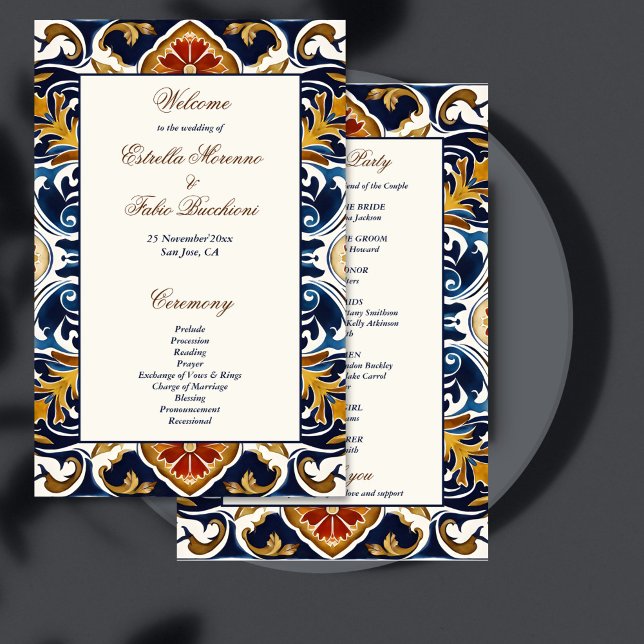 Vintage Talavera Azulejo — programa de casamento m (Vintage Talavera Azulejo blue tiles Mexican wedding program wedding day stationery)