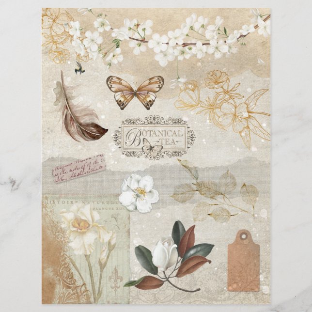 Vintage Tan Brown Decoupage Floral Scrapbook Paper (Frente)