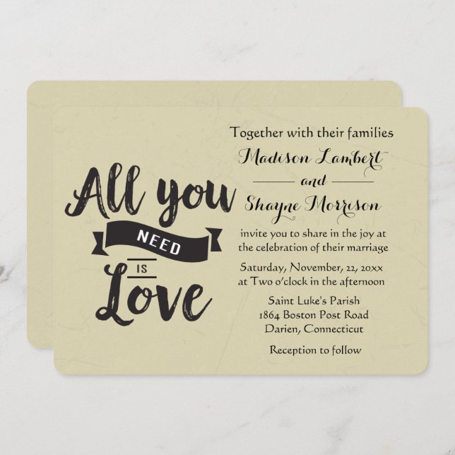 Vintage Tan E Black Wedding Quote Convite (Frente/Verso)