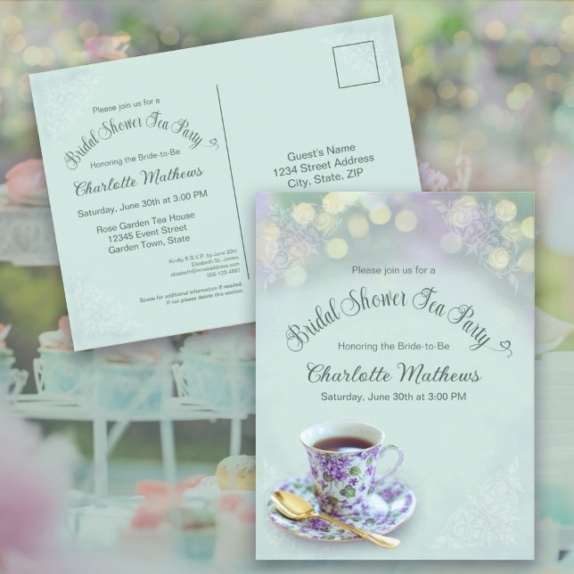Vintage Tea Party - Chá de panela Convite Verde (Vintage Tea Party Bridal Shower Green Invitation Postcard)