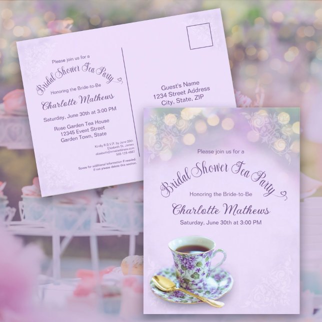 Vintage Tea Party Chá de panela Lilac Convite (Vintage Tea Party Bridal Shower Lilac Invitation Postcard)